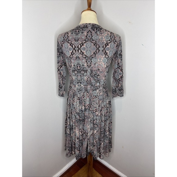 Peruvian Connection 3/4 Sleeve V-Neck Grey Paisley Cotton‎ Dress Medium M - Picture 3 of 9